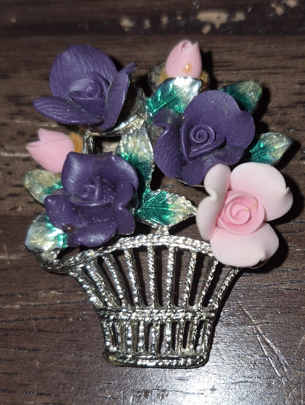 Unsigned Purple and Pink Flower Silver Tone Basket Brooch